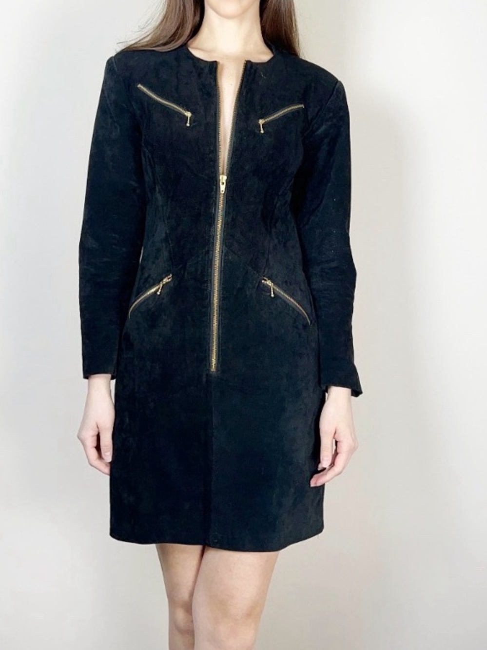 Vintage 90s Black Suede Leather Long Sleeve Dress with Gold Zippers